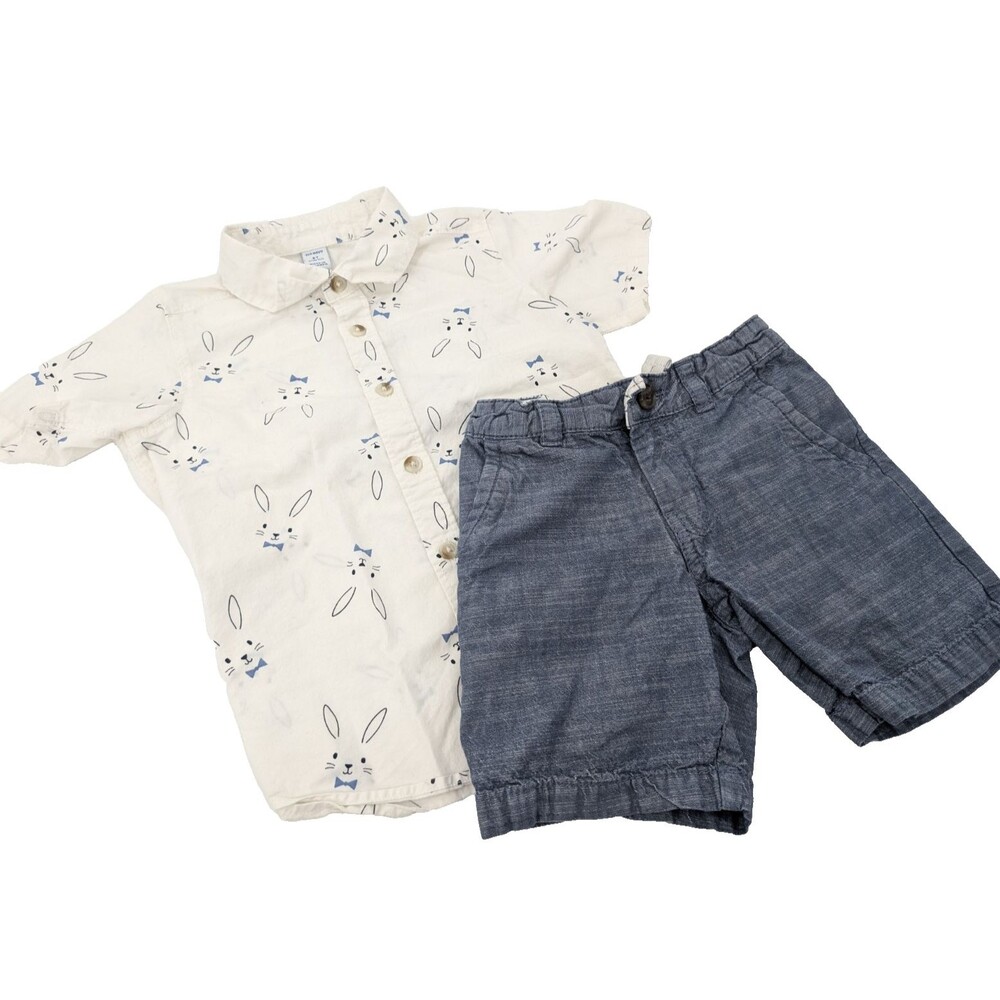 Old Navy Boys Easter Outfit Set Rabbits Jean Shorts Short Sleeve Button up 4T